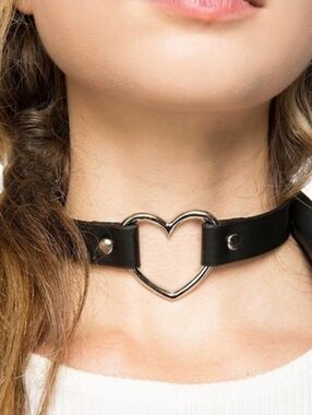 Black Vegan Leather Heart Choker Adjustable Silver Tone Studs